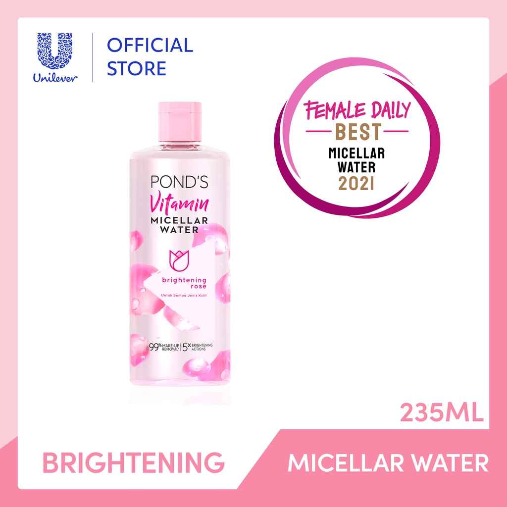 Pond's Vitamin MICELLAR WATER Makeup Remover Brightening Rose 235 ml / 100 ml / 55 ml - Dengan Niacinamide &amp; Vitamin C Untuk Semua Jenis Kulit - Pond Ponds - Membersihkan Kulit Wajah Make Up Micelar