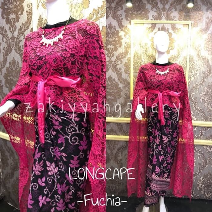 set kebaya brokat Long Cape Panjang Brokat warna fushia