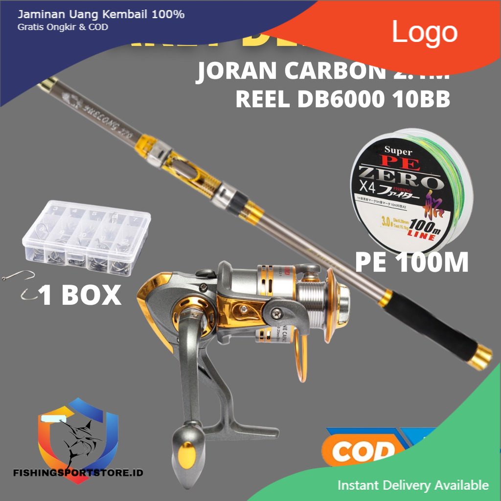 Paket Joran Rel Benang PE Mata Kail Alat Pancing Laut 1 Set Siap Mancing Joran Telesecopic 210cm Ree