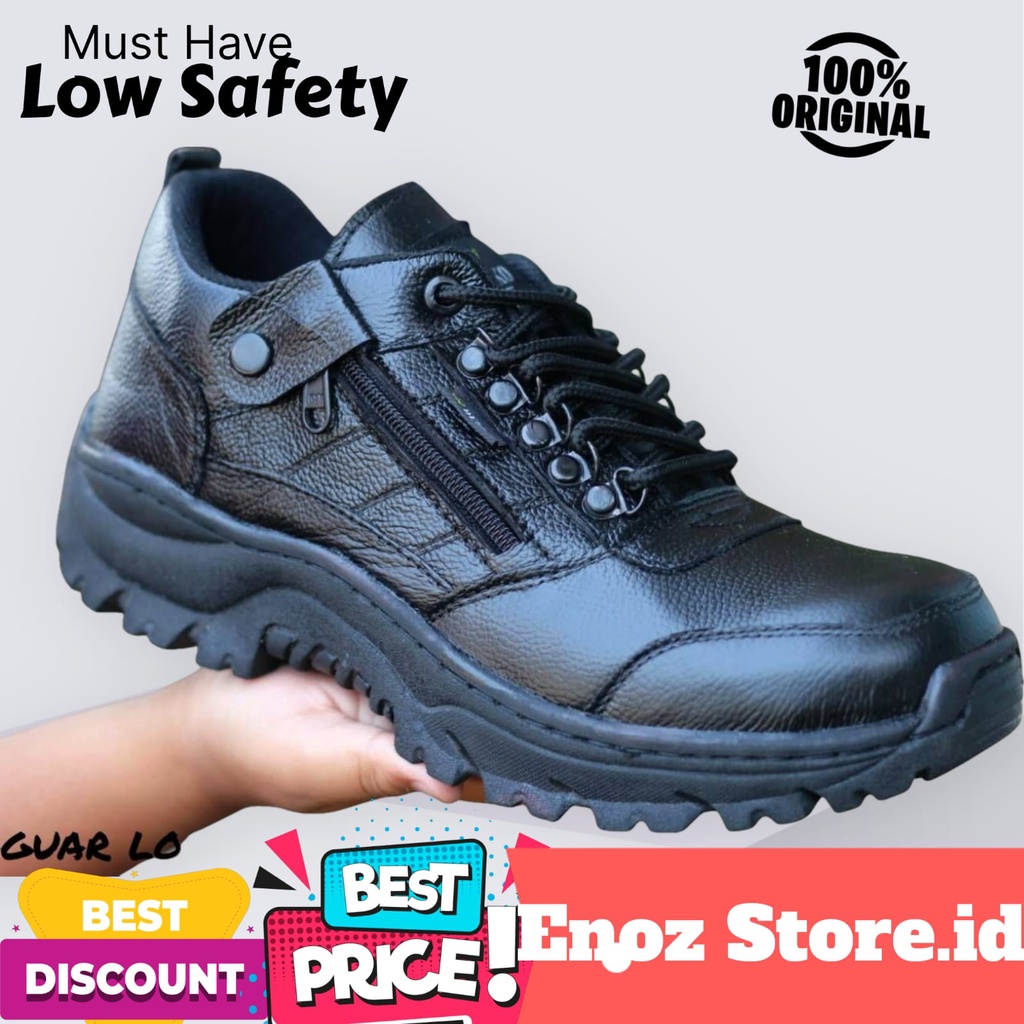 ENOZ X AXE - Sepatu Safety Low Boots Pria Kulit Asli Original Sepatu Sefty Bots Ujung Besi Tracking Touring Adventure Cowok Keren Branded Casual Kasual Formal Kerja