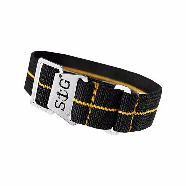 Tali / Strap Jam Tangan Strap Guy MN-BLK-GLD-22A Black Nylon Yellow Stripe Silver Folding Clasp