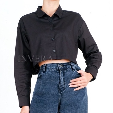 Invera x Hana Crop Top Shirt Button Black ( kancing aktif )  - Kemeja Crop Top - Kemeja Lengan Panja