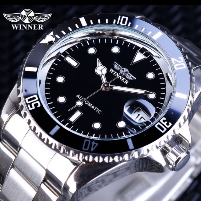 Jam Tangan Pria Mekanik Automatic Winner Submariner Silver Black Original