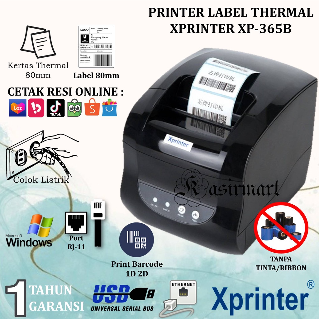 Xprinter XP365B Printer Thermal 80mm USB LAN Cetak Struk Kasir Thermal Support RJ11 / Label Thermal 80x100 Cetak Resi Shopee XP-365B Bukan Printer Bluetooth XP 365B