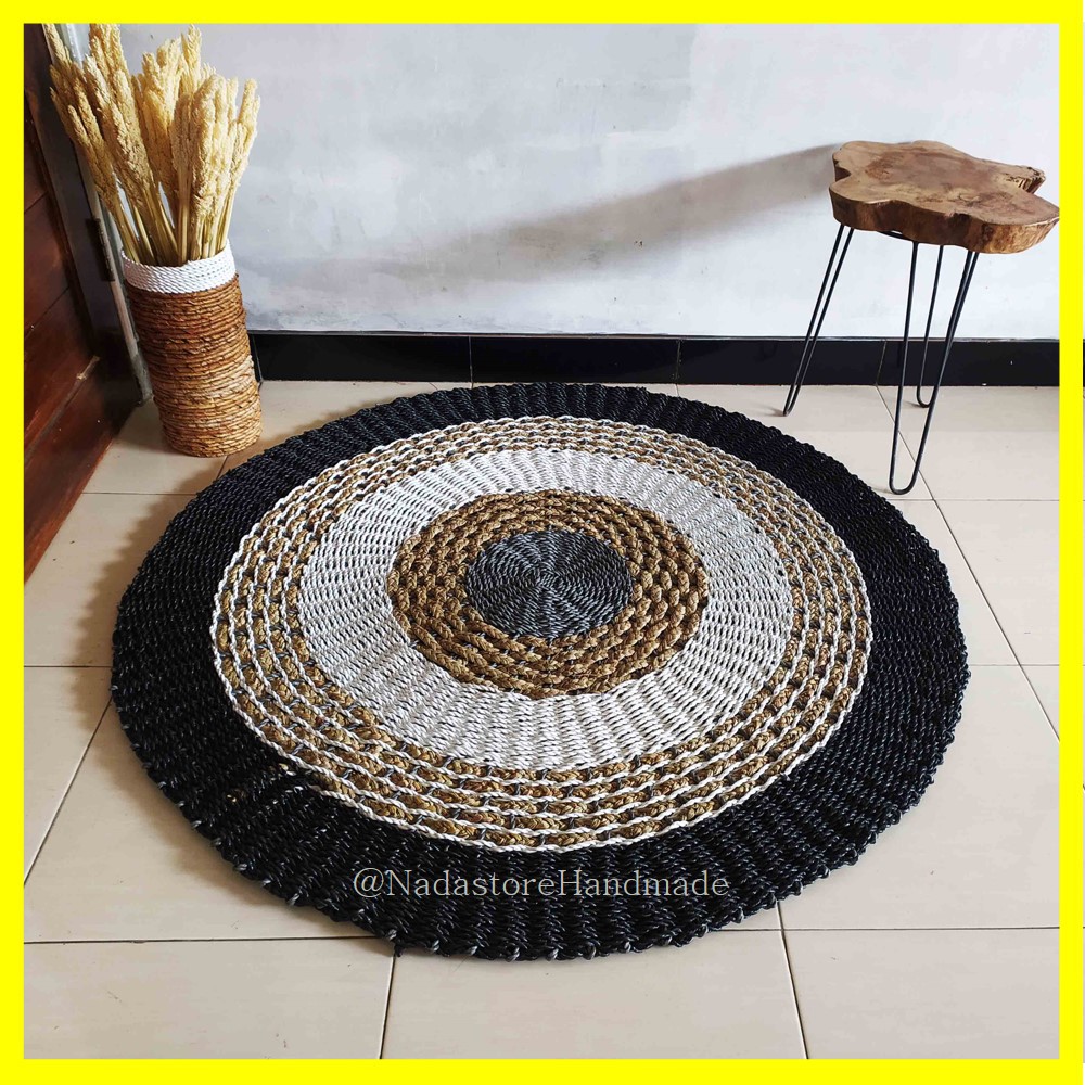 RUG SEAGRASS HITAM MENDONG 120 CM / KARPET ANYAMAN / TIKAR BULAT