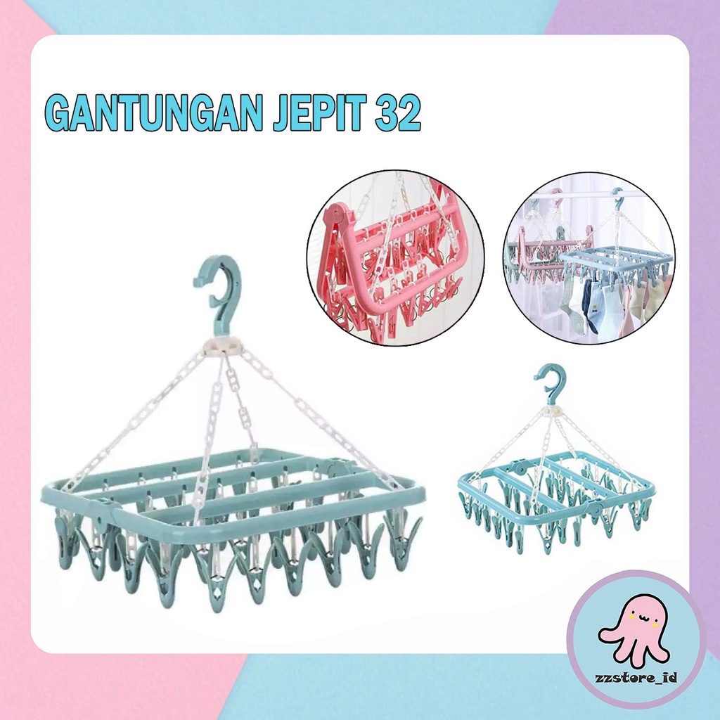 Hanger Gantungan Baju Kaos Kaki Dasi Celana Dalam Bra Pakaian Bayi Bedong Kaus Sarug Tangan Clips Windproof Tali Serbaguna Multifungsi/Jemuran Baju 32 Jepit