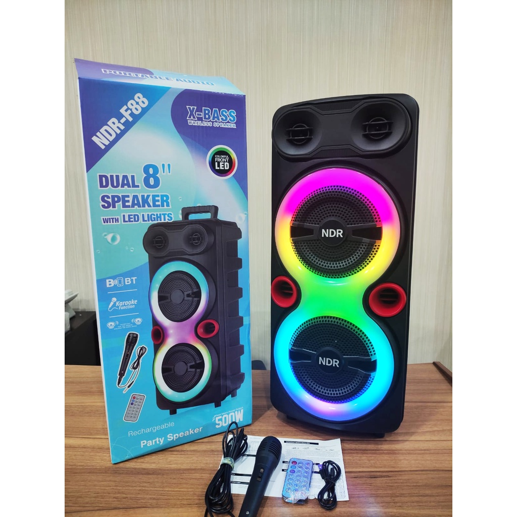 Bluetooth Speaker NDR-F88 Dual Woofer 8 Inch + Dual Tweeter 3 Inch + Microphone Kabel With RGB Lamp