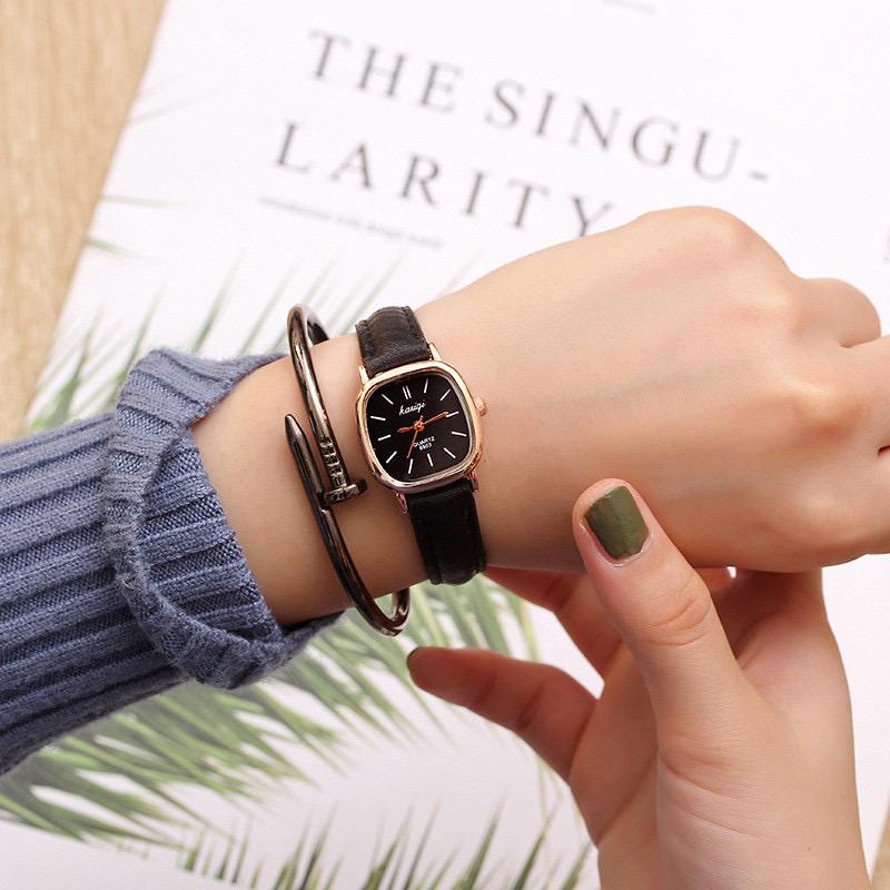 Jam Tangan Wanita / Pria Couple Polos Casual Dial Segi Fashion Analog Quartz Simple Strap Kulit Pu Leather RM001-HITAM HITAM