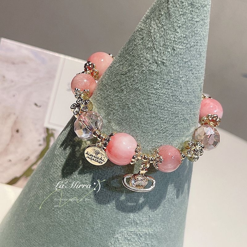 Gelang Manik-Manik Kristal Giok Hetian Alami Warna Pink Strawberry Untuk Wanita