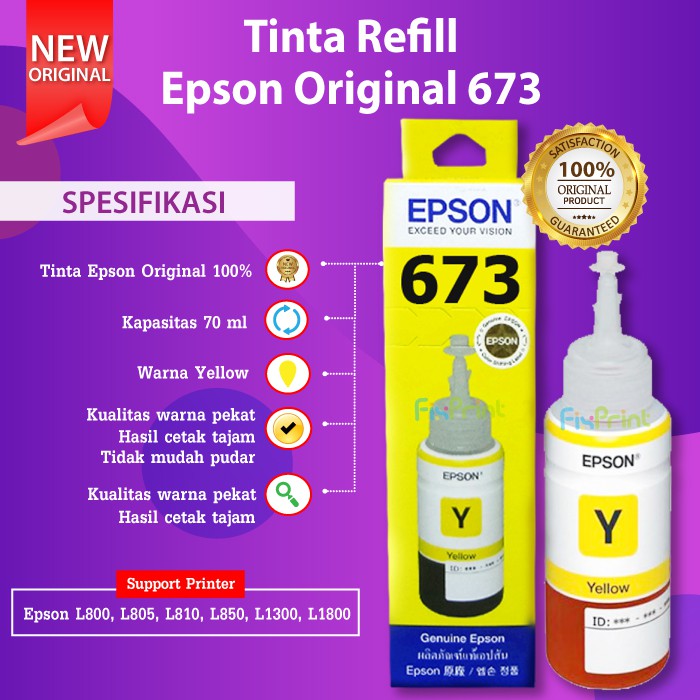 Tinta Epson 673 C13T673 T673 Reefill Original L800 L805 L810 L850 L1800 Black Cyan Magenta Yellow