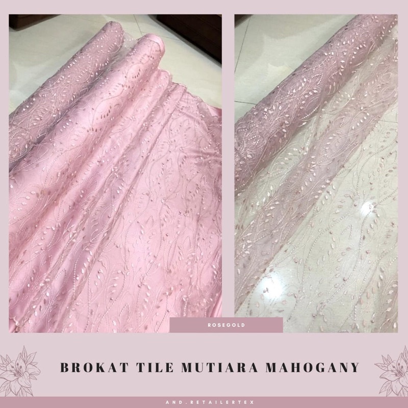 Kain Brokat Tile Mutiara Mahogany warna rose gold