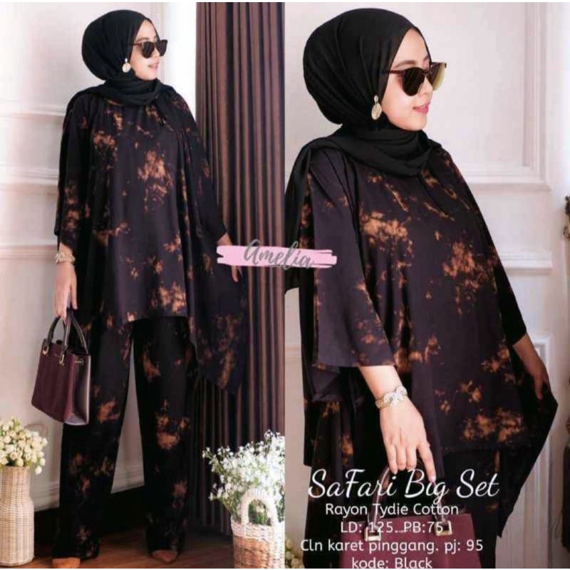 Safari Big Set - One Set Jumbo Waka Waka Setelan Wanita Rayon Batik Tie Dye Premium Set Celana Panjang Bigsize Kekinian LD 125 cm