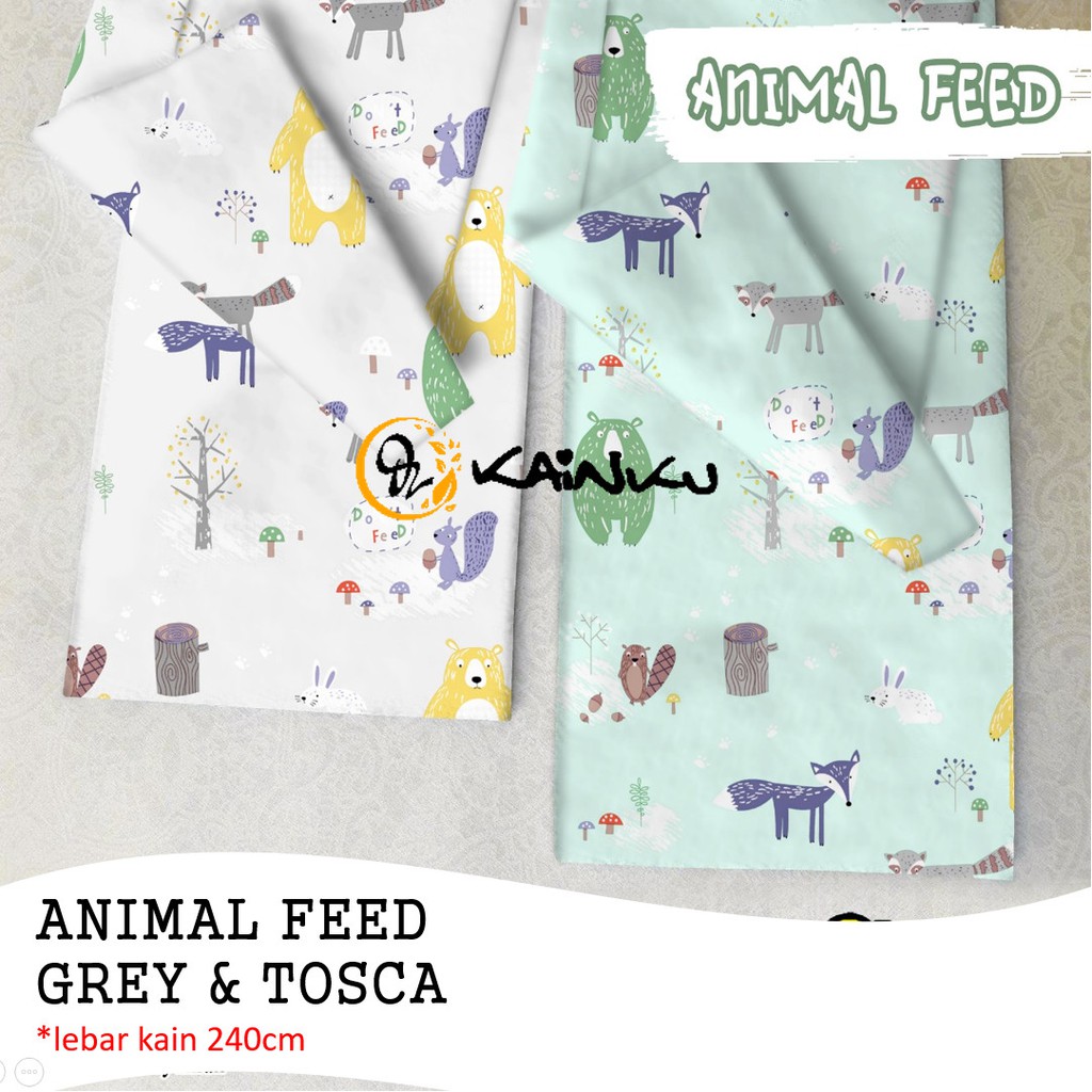 KAINKU - Kain Meteran Katun Lokal CVC &quot;ANIMAL FEED GREY &amp; TOSCA&quot; (harga 1 meter)