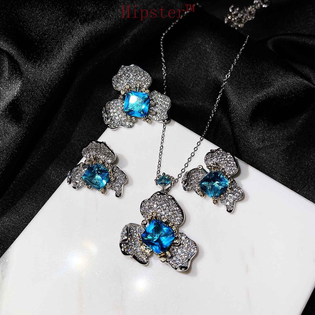 High-End Flower Dignified Generous Style Fashion Sapphire Ring High-Grade Necklace Set