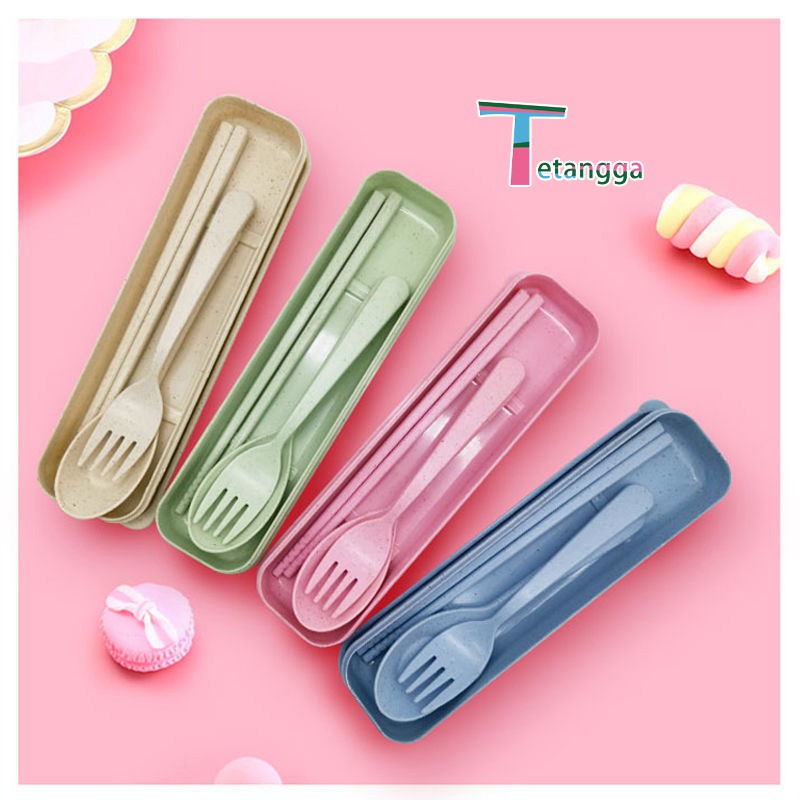 4 pcs Wheat straw Travel Cutlery Set Portabel Alat Makan Sendok Garpu Sumpit Chopsticks Dengan Kotak