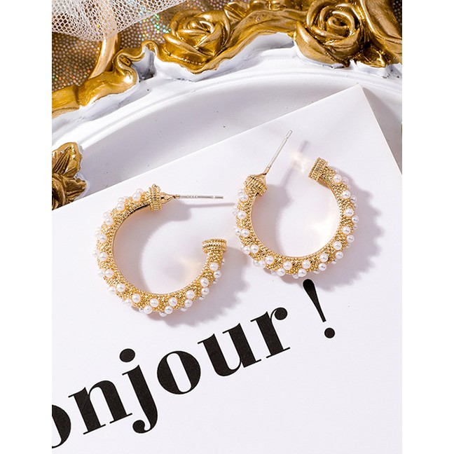 LRC Anting Tusuk Fashion Gold C-shaped Pearl Earrings F29137
