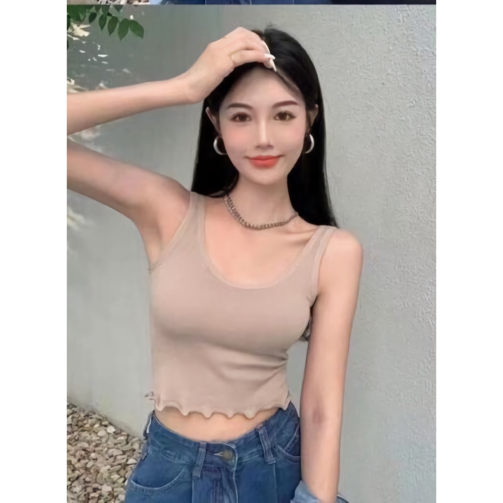 BATAMMODE Tanktop Crop Busa Berjahit Model Bawah Bergelombang-Khaki