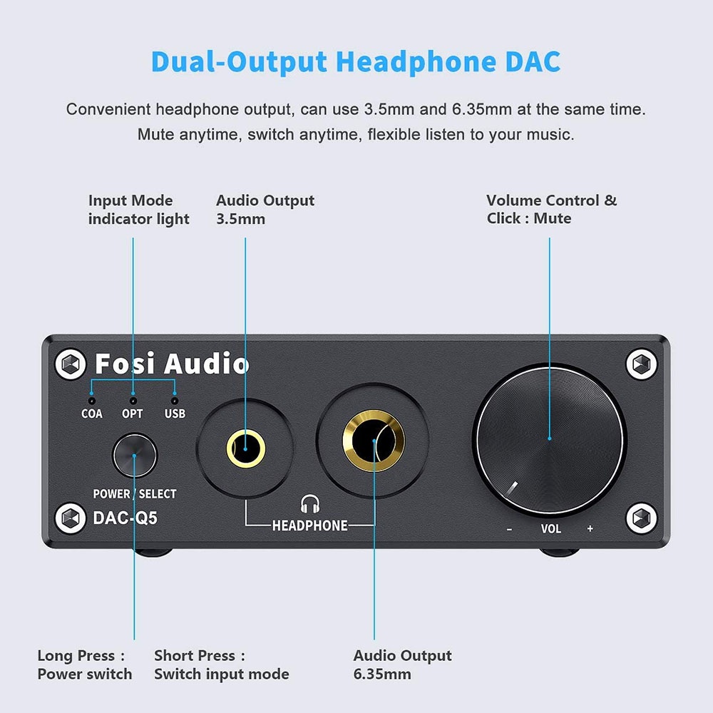 Fosi Audio DAC Converter Headphone Amplifier 24Bit/192kHz - DAC-Q5 - Black