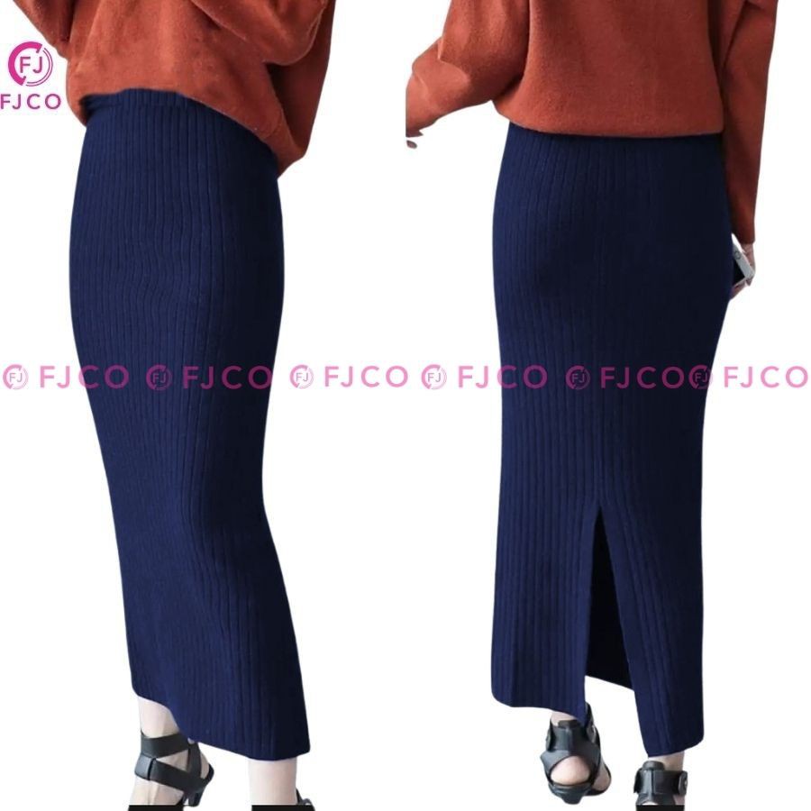 FJCO - Rok Panjang Wanita Rok Span Model Korea Terbaru Rok Rib Jessy Rok Plisket-navy