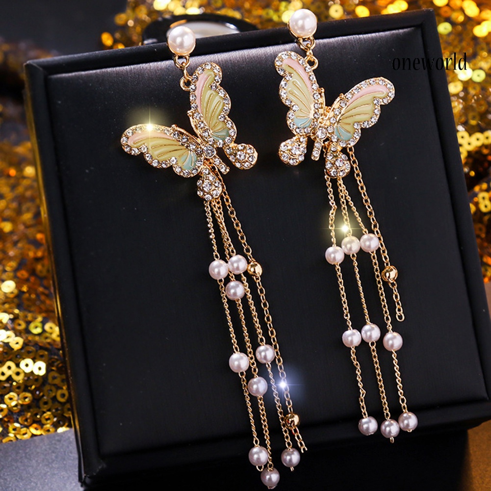 OW@ Lady Bling Rhinestone Inlaid Butterfly Long Tassel Faux Pearl Drop Stud Earrings