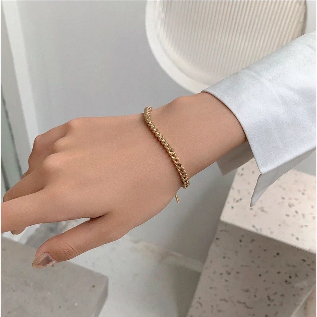 Gelang Serut Rantai Gandum Tali Baja Tahan Karat Warna Rose Gold, Gold dan Silver