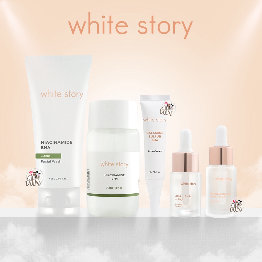 WHITE STORY ACNE CARE SERIES ( CREAM CALAMINE SULFUR / FACIAL WASH NIACINAMIDE BHA / SOOTHING SERUM BHA CICA / TONER NIACINAMDIE BHA / PEELING SERUM )