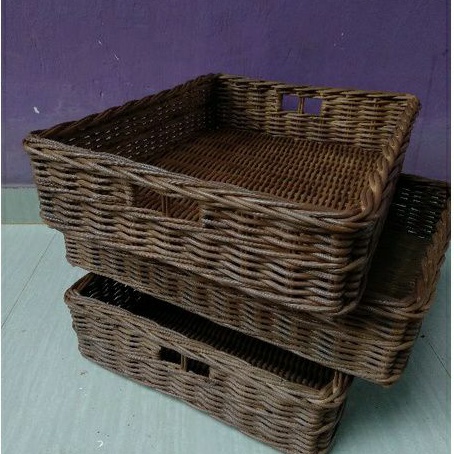 Keranjang rotan nampan besar persegi panjang penyimpan toples gelas serbaguna 45x35x10 cm