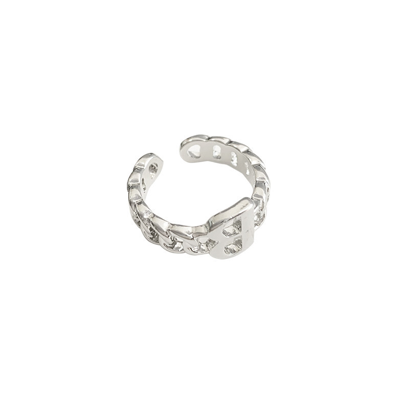 Cincin Model Terbuka Adjustable Desain Huruf B Hollow Out Bahan Alloy Warna Silver Untuk Wanita