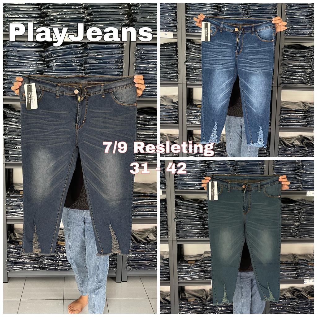 Celana Jeans 7/9 Sobek Jumbo Pinggang Resleting 7/9 Bigsize Sobek