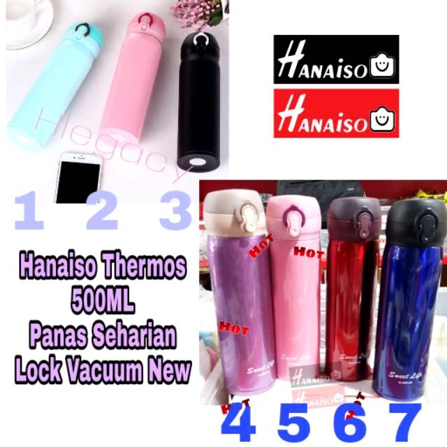 ( Medan ) HANAISO Thermos Kopi Lock 500ml - Termos Air Panas Stainless Steel - Pink Black