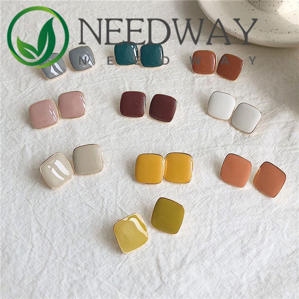 Anting Stud Enamel Bentuk Kotak Geometris Warna-Warni Gaya Vintage Untuk Wanita