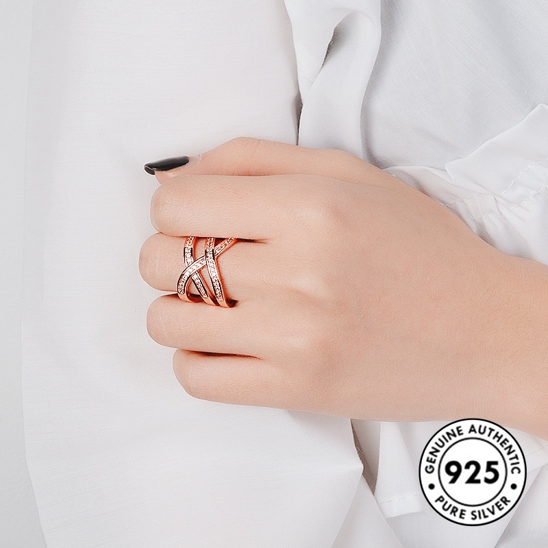 Cincin Sterling Silver 925 Model Kepang Warna Rose Gold Dengan Berlian Imitasi Untuk Wanita