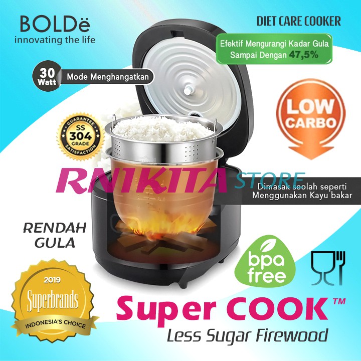 BOLDe SUPER COOK Rice Cooker Less Sugar 2 L FIREWOOD - Low Carbo - GARANSI