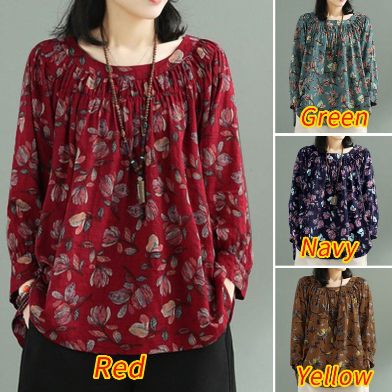 ZANZEA Women Vintage Floral Printed Loose Long Sleeve Blouse