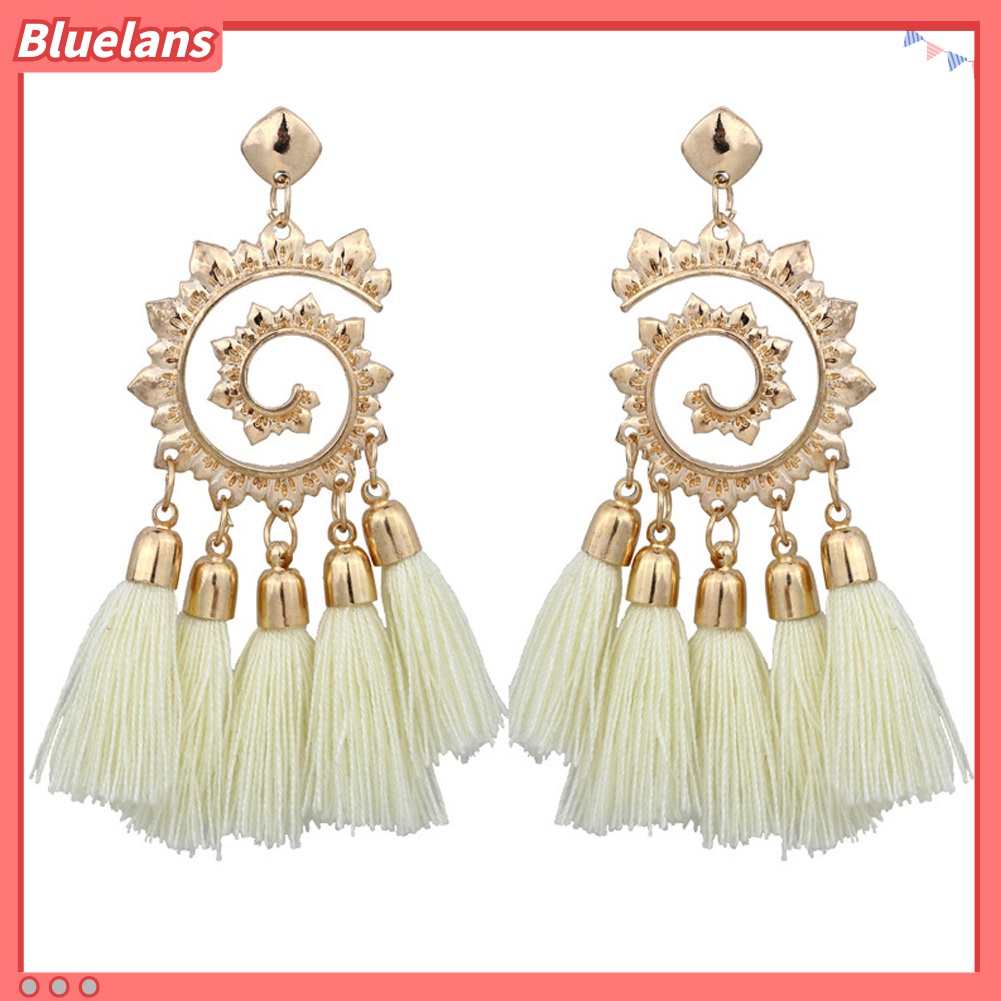 Anting Juntai Bentuk Spiral Aksen Rumbai Gaya Bohemian Untuk Wanita