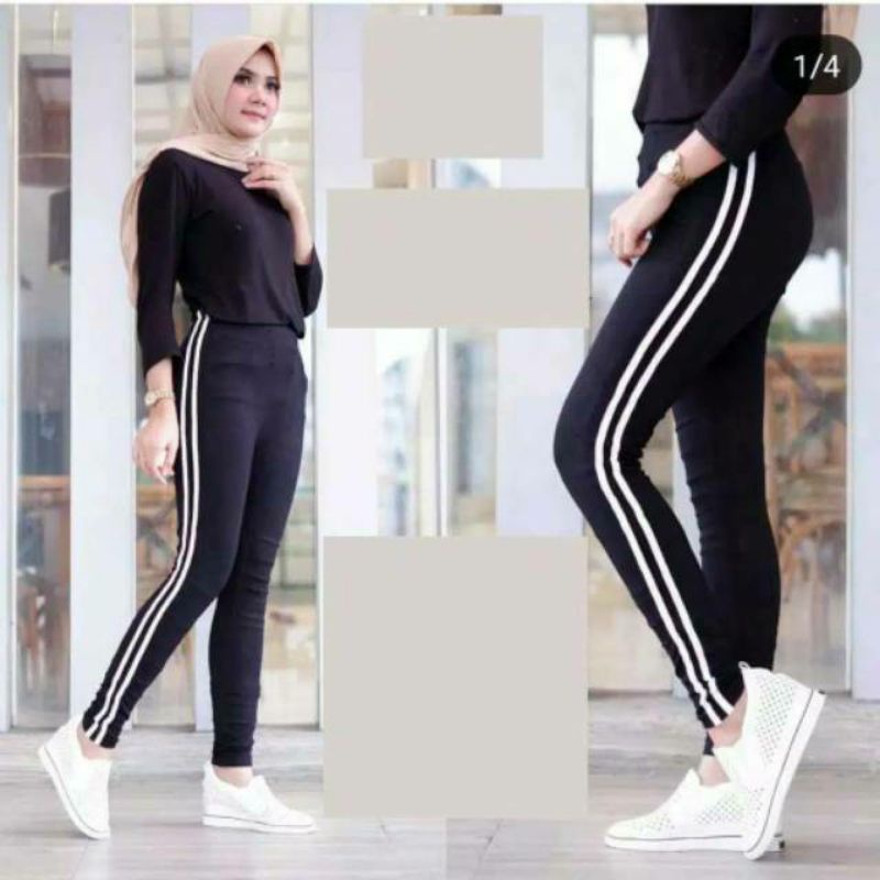 Celana Legging Panjang Wanita Lis Strip Garis Putih 2 Samping