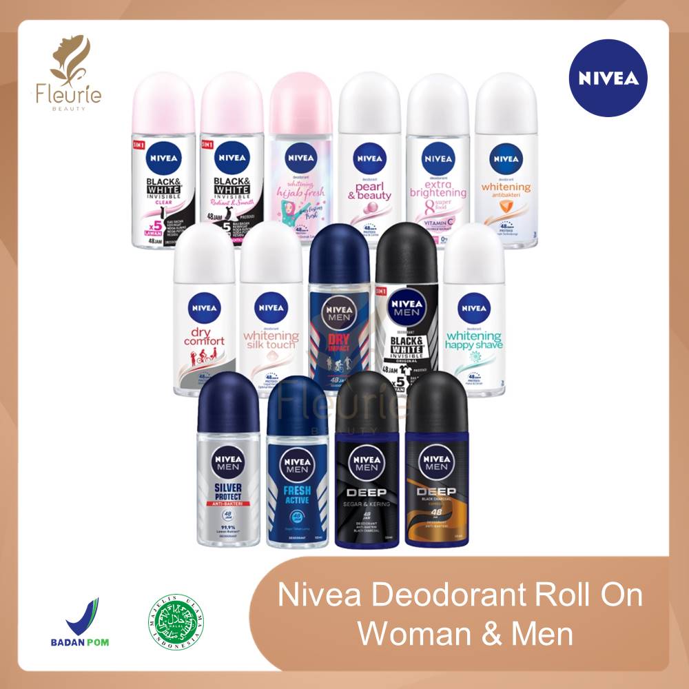 Nivea Deodorant Roll On Woman Men 25ml 50ml - Extra White/ Pearl&amp;Beauty/ B&amp;W/ Hijab Fresh/ White Silky Touch/ Dry Comfort/Anti Baktery Original BPOM