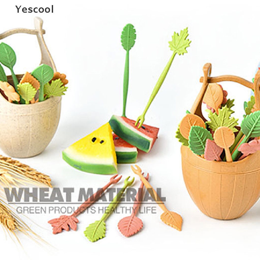 Yescool 16pcs / Set Garpu Buah / Snack / Kue / Salad Bahan Jerami Gandum Dengan Ember