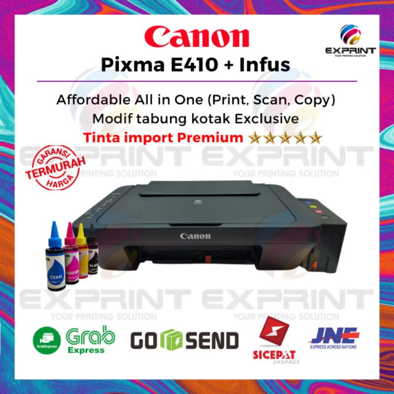 Printer Canon Pixma E410 Print Scan Copy Infus Tabung Box+Tinta Premium Import