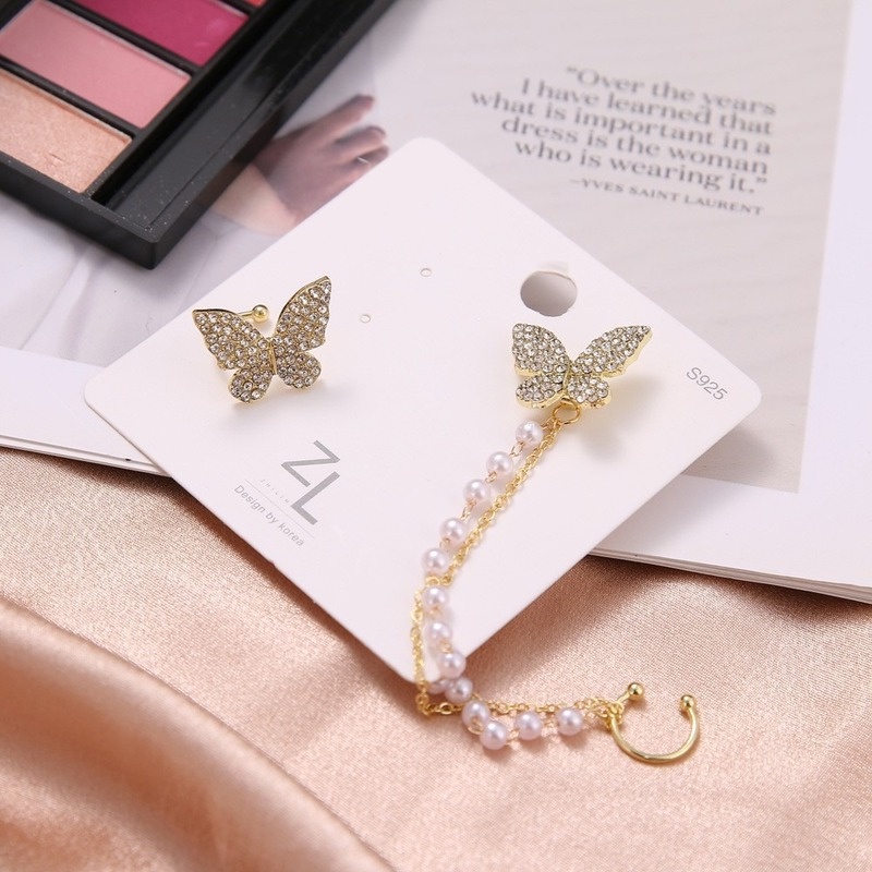 New style Korean asymmetrical pearl tassel butterfly earrings ear bone clip