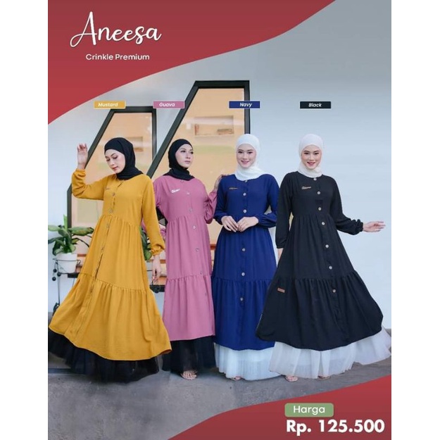 Midi Dress Aneesa Ghina Fashion - Gamis Bahan Crinckle Premium Nyaman Menyerap Keringat Warna Polos 