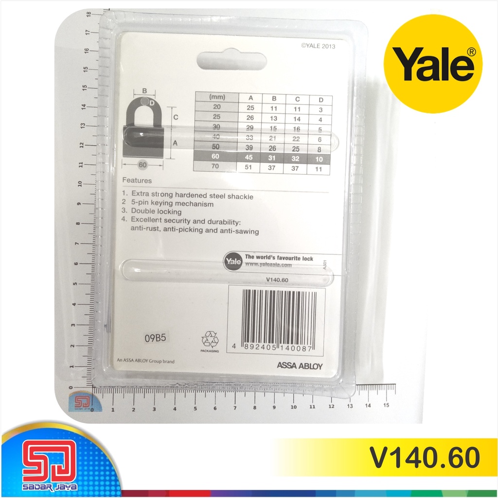 Yale V140.60 Gembok Pagar Kuningan 60mm Padlock Brass Material Hardened Steel