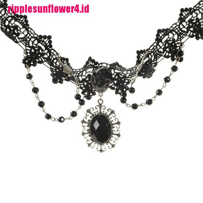 Lolita Kalung Choker Bahan Lace Motif Bunga Mawar Warna Hitam Gaya Gothic Untuk Wanita