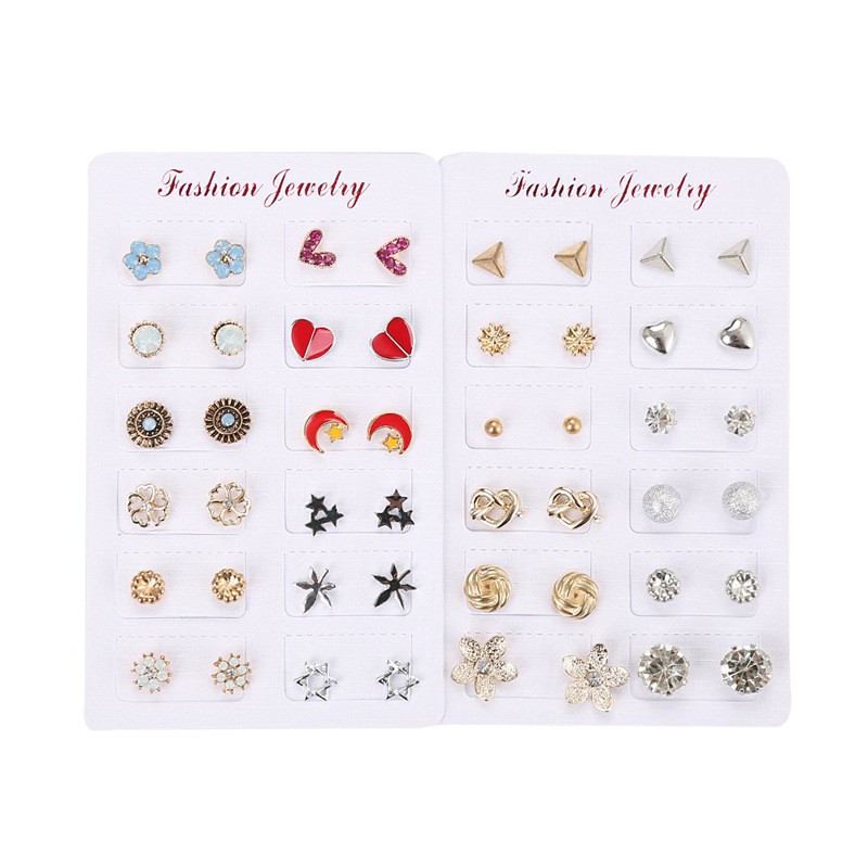 12 Pasang Anting Kombinasi Desain Hati Bulan Bunga Snowflake Bintang Aksen Mutiara Model simple