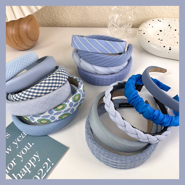 BANDO VARIASI BIRU 02 BANDANA BLUE COLLECTION HEADBAND KAIN POLOS MUDA TUA HAIR BAND KOREA PADDED BENDO MOTIF GARIS BUNGA BULU LEMBUT LEBAR WIDE