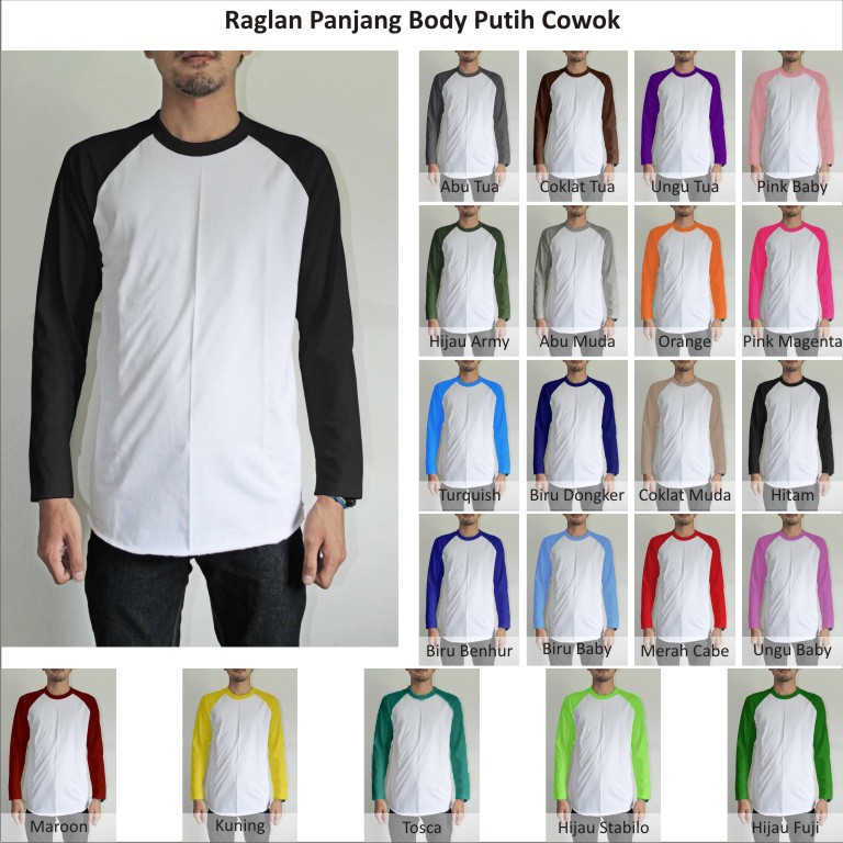 Tshirt / Kaos Polos Raglan Pria / Cowok Lengan Panjang Body Putih