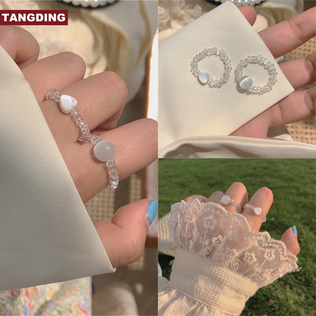 【COD Tangding】INS Shell Opal Ring Beaded Elastic Adjustable Design Luxury Ring Heart