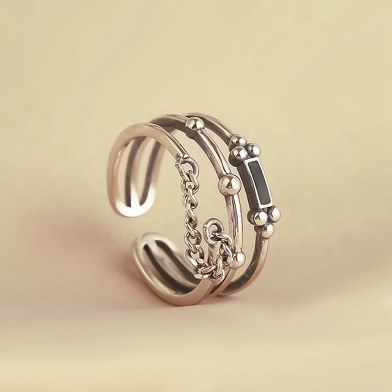 Fancyqube Cincin Rantai Multilayer Bentuk Persegi Panjang Warna Hitam Bahan Sterling Silver 925 Untuk Wanita