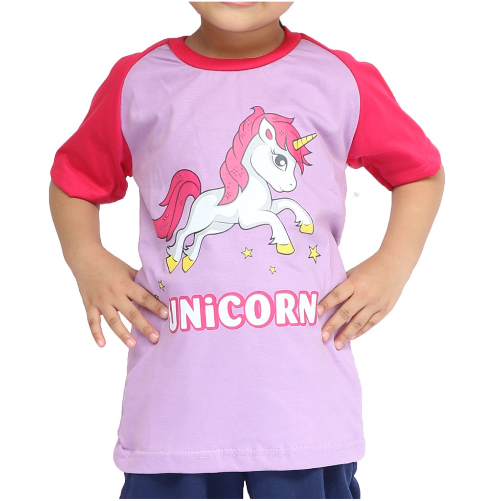 kaos anak karakter unicorn oblong raglan warna ungu muda