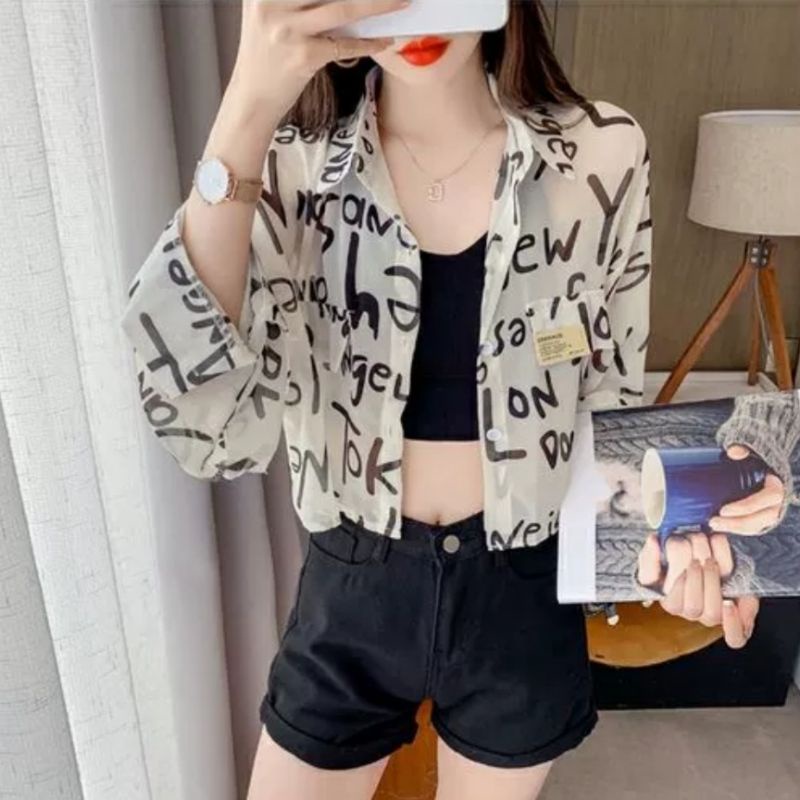 MDLV ~ 22662# Lennox Crop Shirt kemeja Chiffon Alfabet Kemeja Crop Lengan Panjang Kemeja Korea Fashion Import